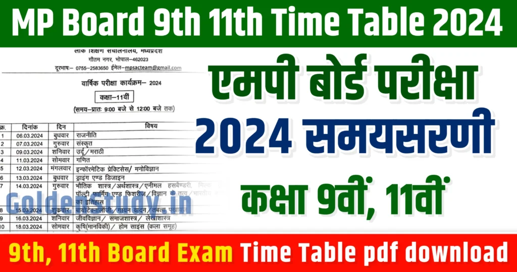 MP Board 9th 11th Time Table 2024 pdf Download  एमपी कक्षा 9वीं 11वीं बोर्ड परीक्षा टाइम टेबल 2024